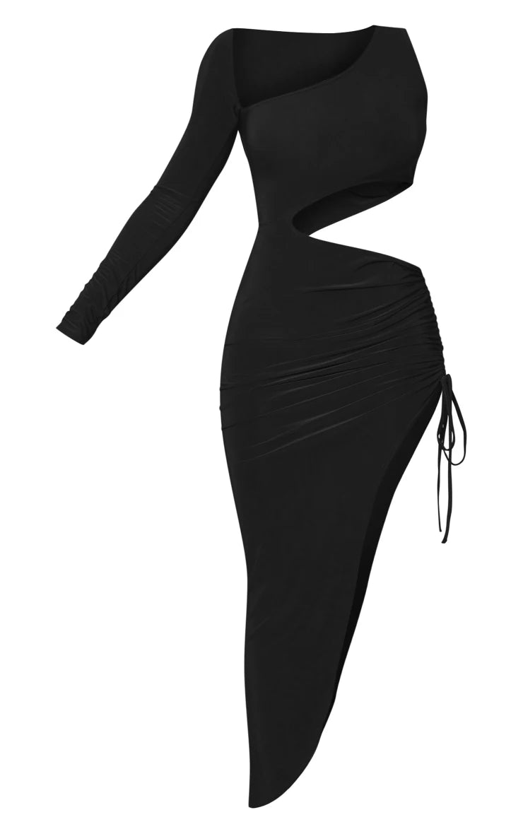 Black Slinky One Sleeve Cut Out Ruched Midi Dress