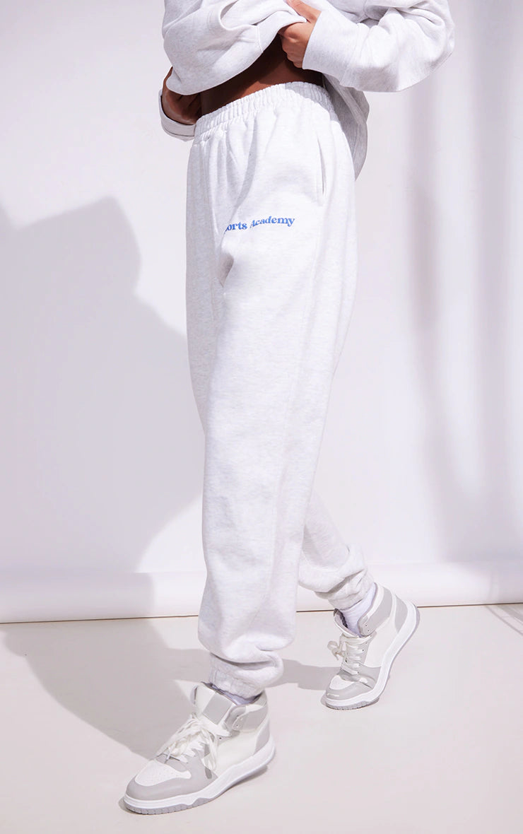Premium Heather Grey Sports Academy Puff Print Oversized Sweatpants