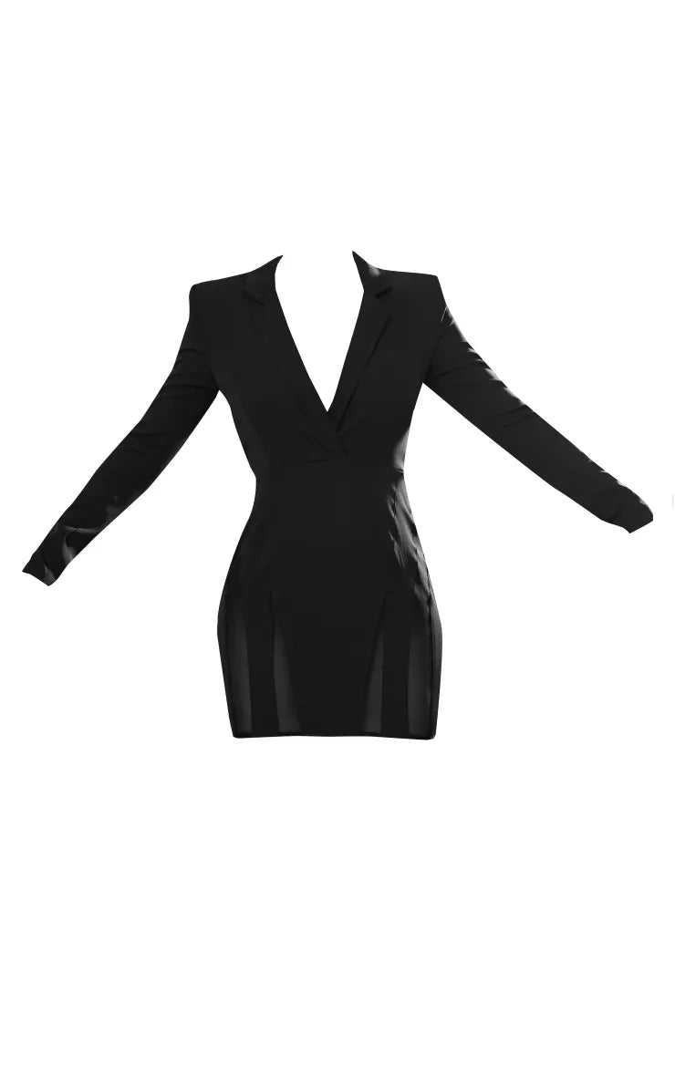 Black Plunge Contrast Backless Mesh Panel Blazer Dress