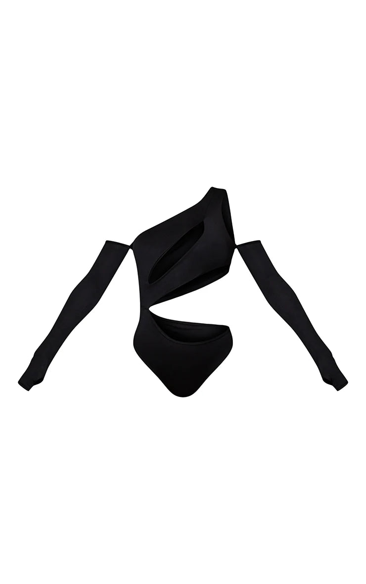 Black Slinky Bardot Thumb Hole Cut Out Bodysuit