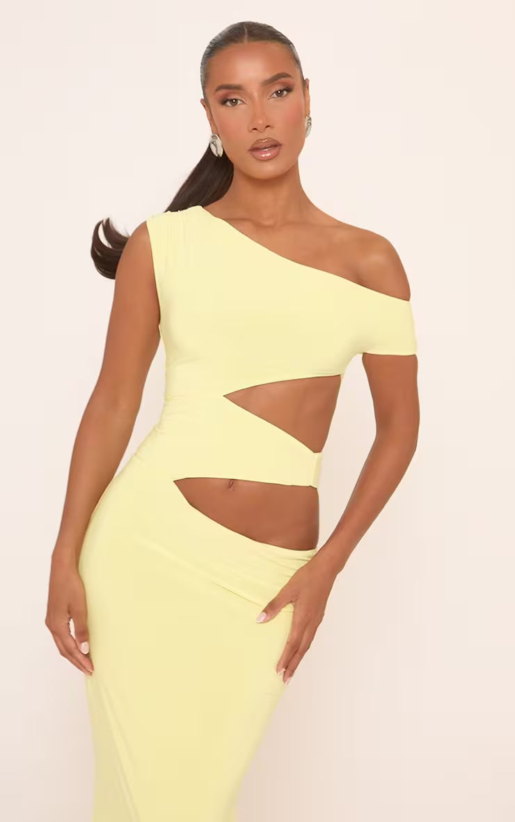 Ego - Asymmetric One Shoulder Cut Out Maxi Dress In Yellow Slinky
