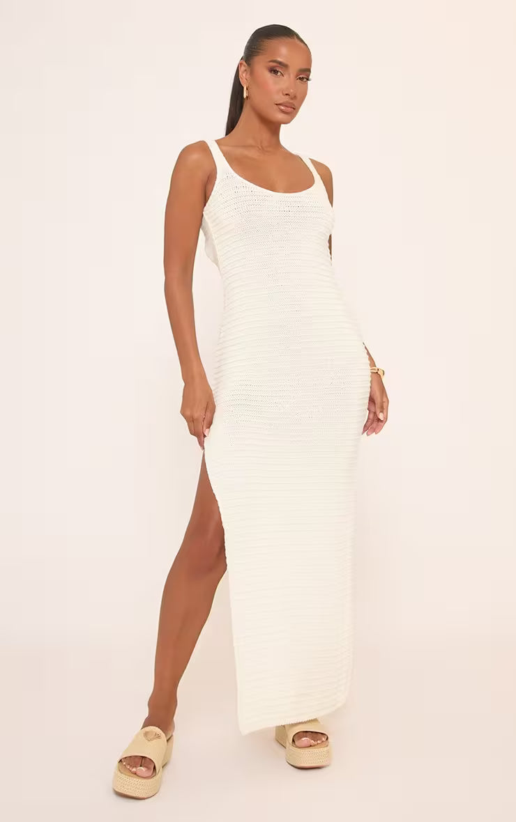 Ego - Sleeveless Extreme Scoop Back Split Leg Maxi Dress In Cream Crochet Knit