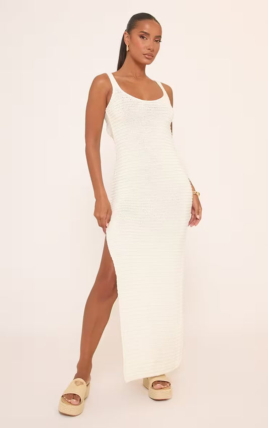 Ego - Sleeveless Extreme Scoop Back Split Leg Maxi Dress In Cream Crochet Knit