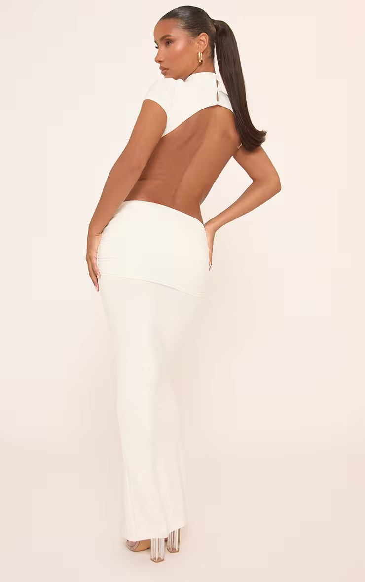 Cap Sleeve Twist Panel Detail Cut Out Maxi Dress In White Slinky