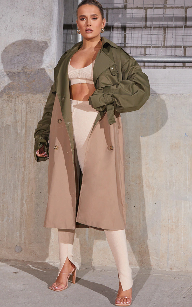 Khaki Contrast Oversized Belted Midi Trench Coat