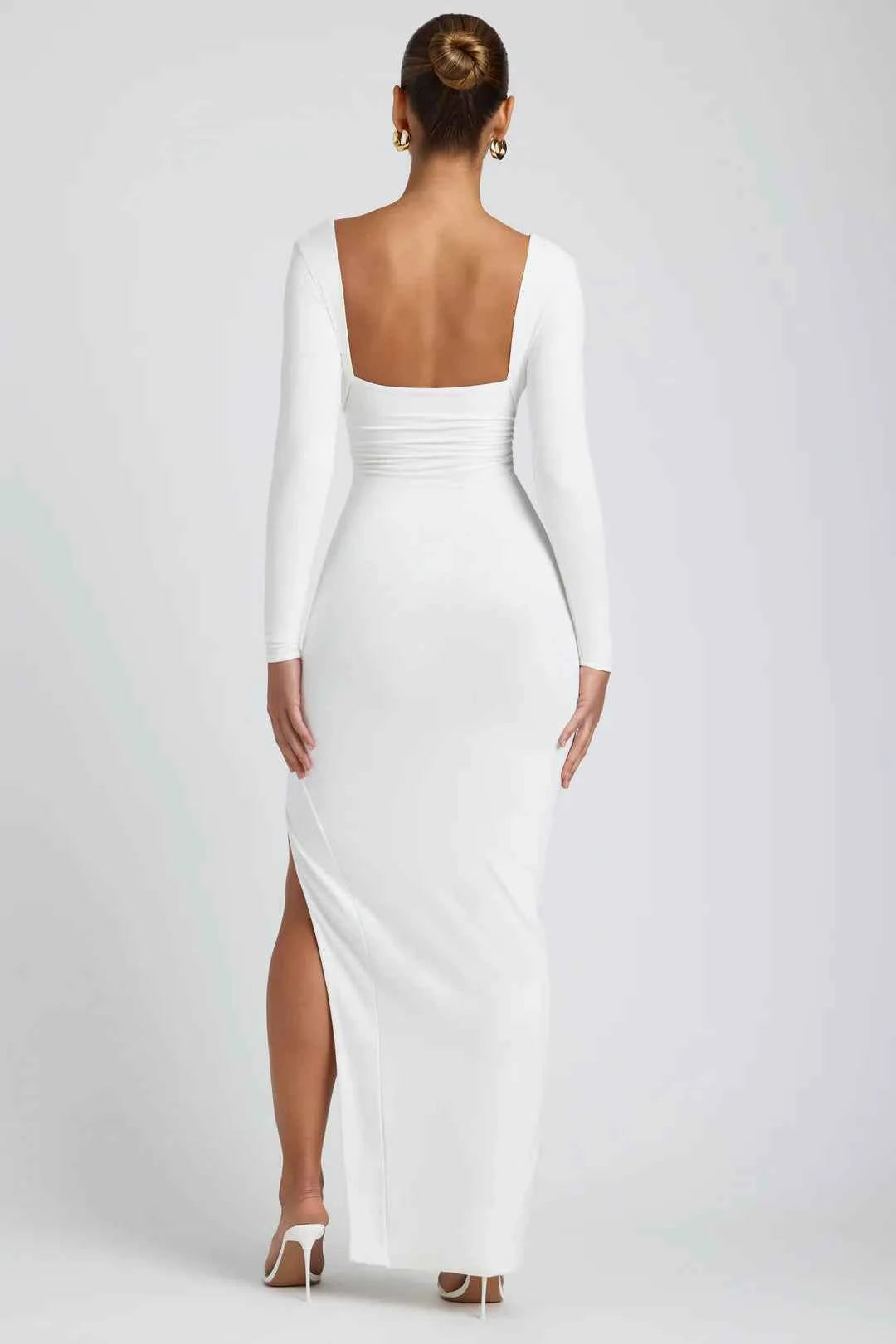 Modal Plunge Neck Long Sleeve Maxi Dress in White