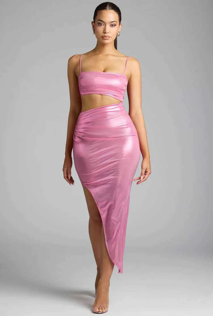 Ohpolly - Draped Metallic Jersey Maxi Dress in Rose Pink