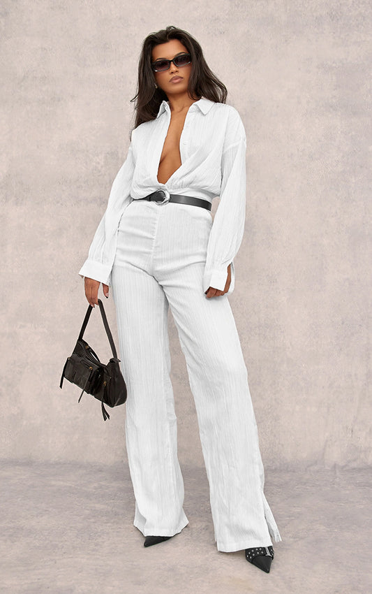 WHITE LINEN LOOK DRAPE JUMPSUIT