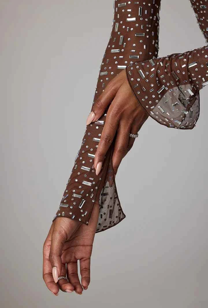 OhPolly - Sheer Embellished Long Sleeve Evening Gown in Deep Cocoa