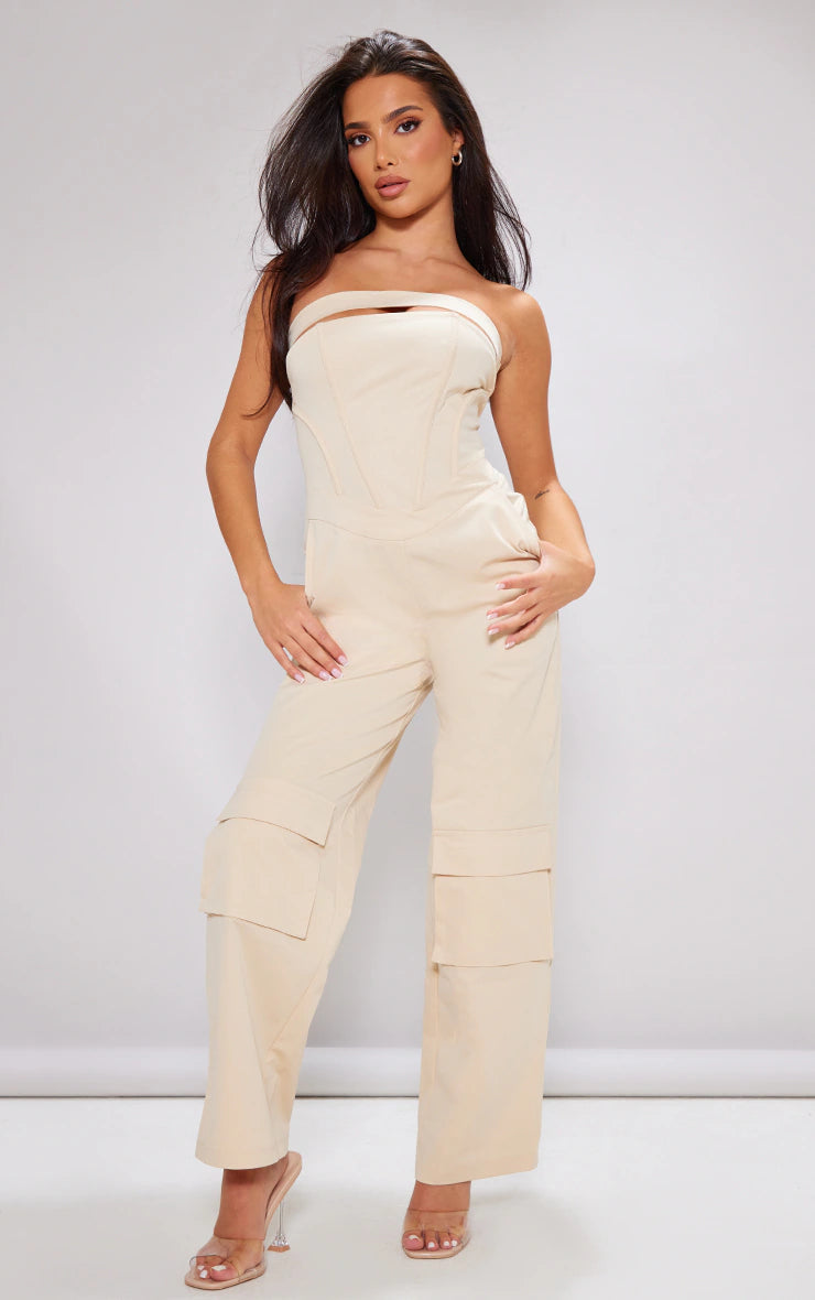 Petite Cream Corset Detail Cargo Jumpsuit