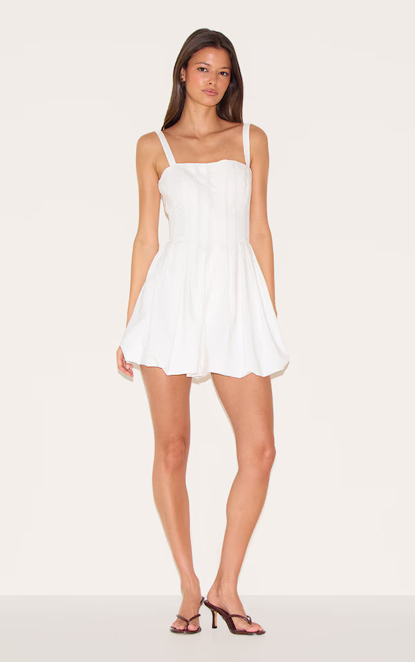 White Twill Pleated Puffball Playsuit