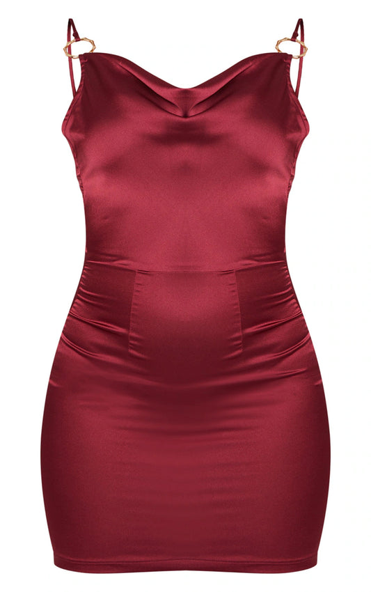 Burgundy Satin Cowl Neck Ring Detail Bodycon Dress