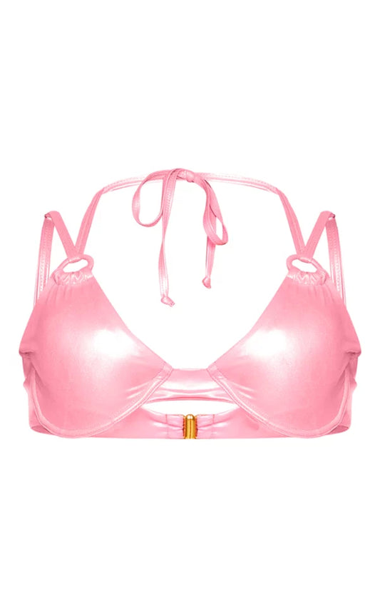 Bright Pink Iridescent Underwired Ring Detail Bikini Top
