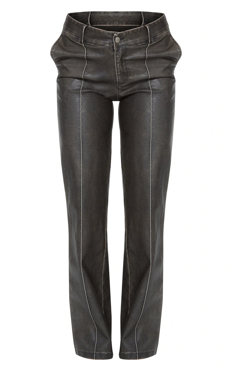 Premium Dark Brown Washed Faux Leather Dip Waist Flared Pants