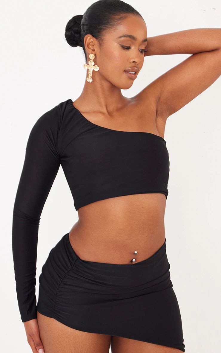 Shape Black Slinky One Sleeve Crop Top