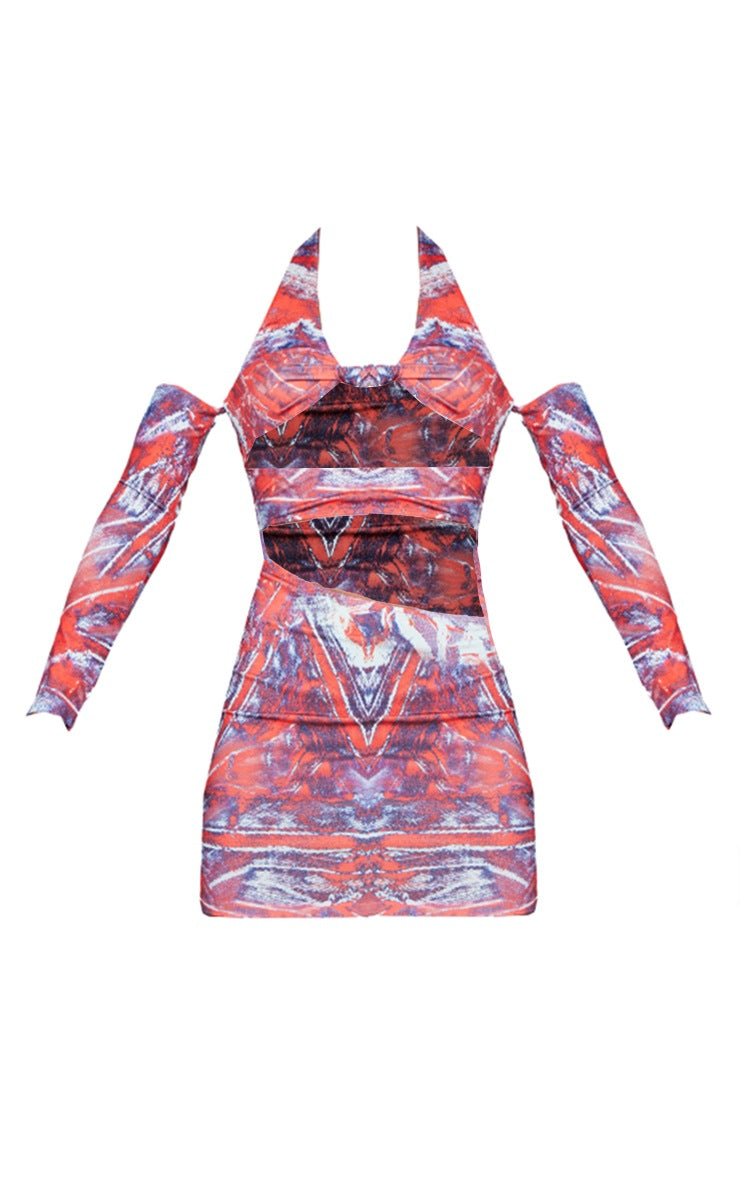 Red Worn Denim Print Halter Knot Detail Bodycon Dress