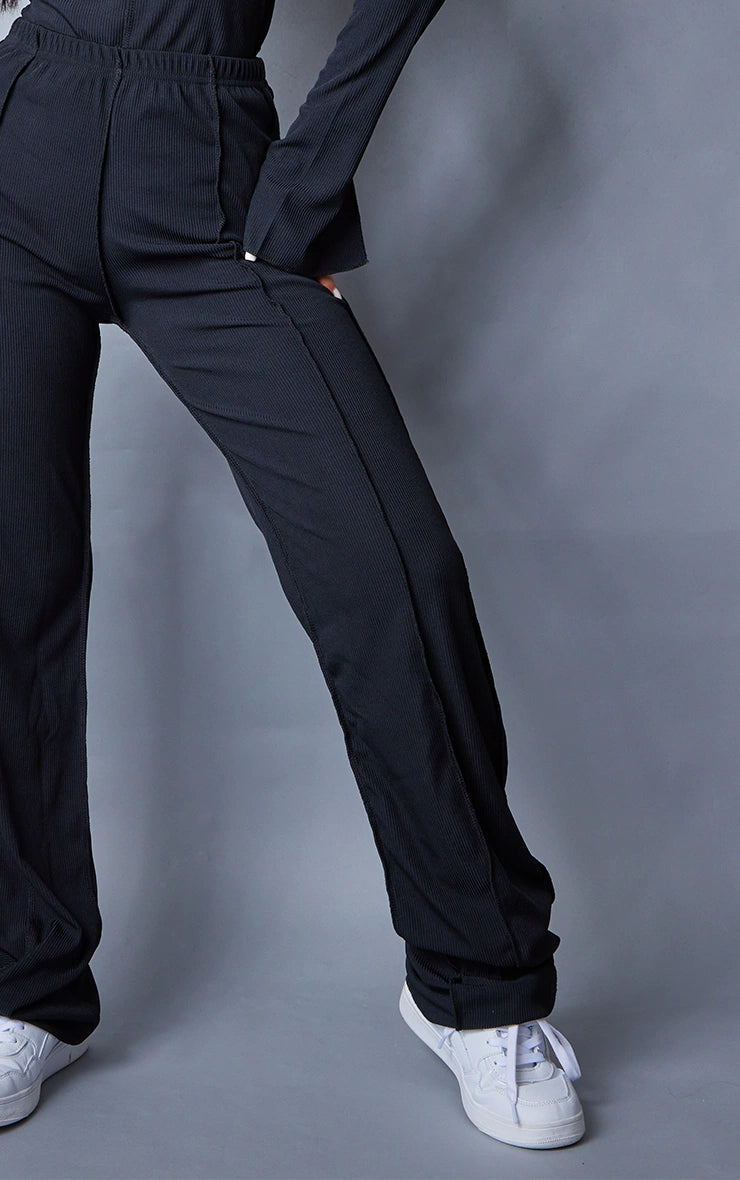 PETITE BLACK RIBBED SEAM DETAIL HIGH WAISTED WIDE LEG TROUSERS