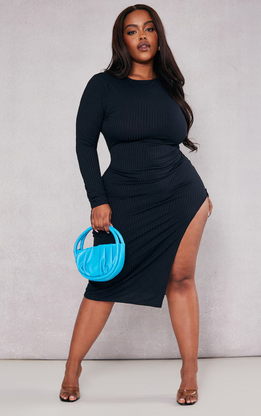 Plt PLUS BLACK RIB SIDE SPLIT MIDI DRESS