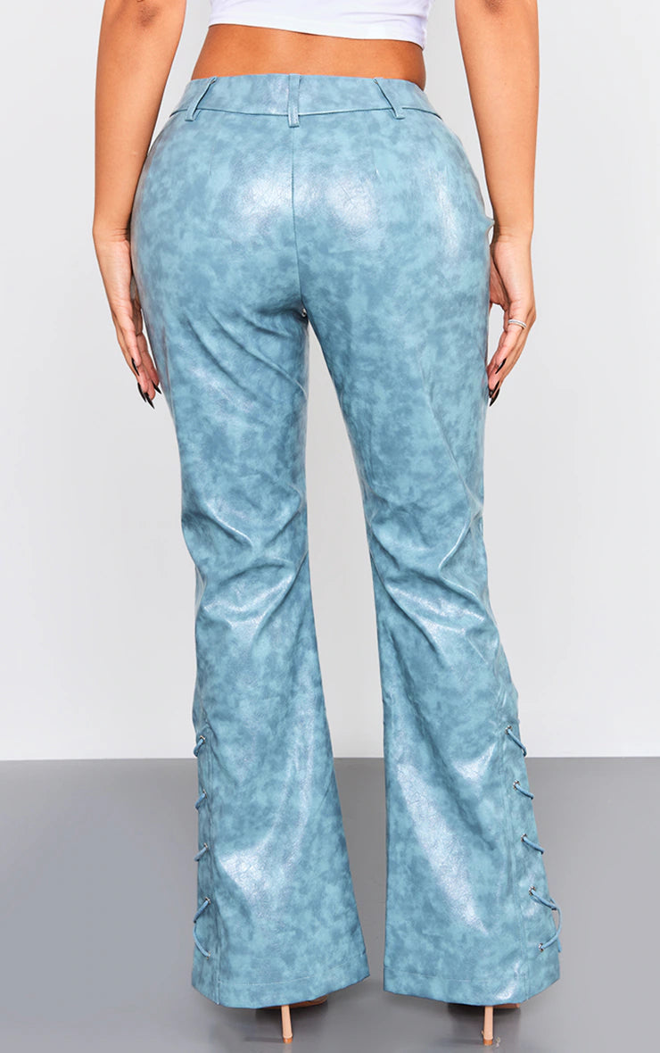 PETITE BLUE FAUX LEATHER LACE UP STRAIGHT LEG PANTS