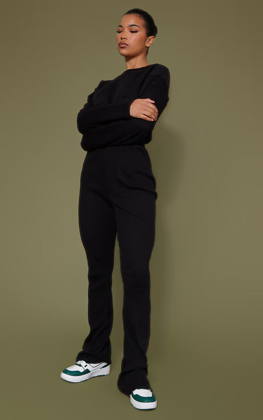 Black Sweat Bodice Crew Neck Rib Jumpsuit