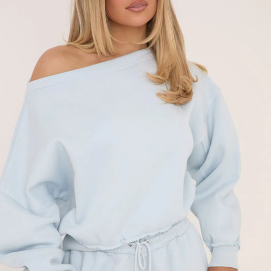 Long Sleeve Off The Shoulder Oversized Jumper In Baby Blue