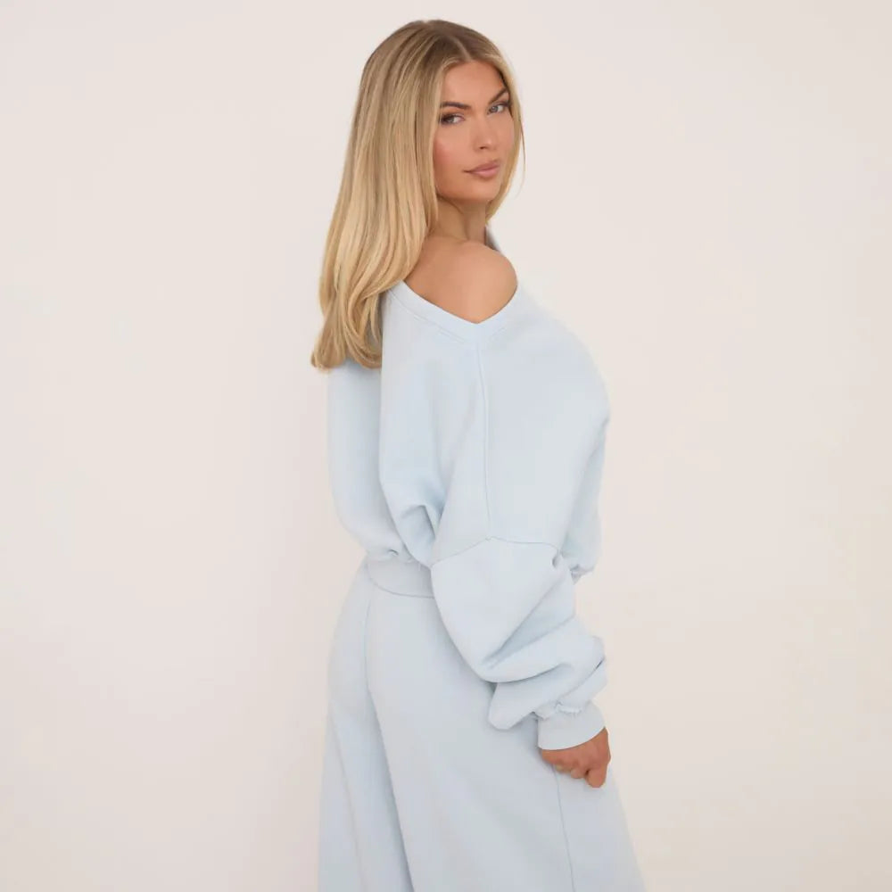 Long Sleeve Off The Shoulder Oversized Jumper In Baby Blue