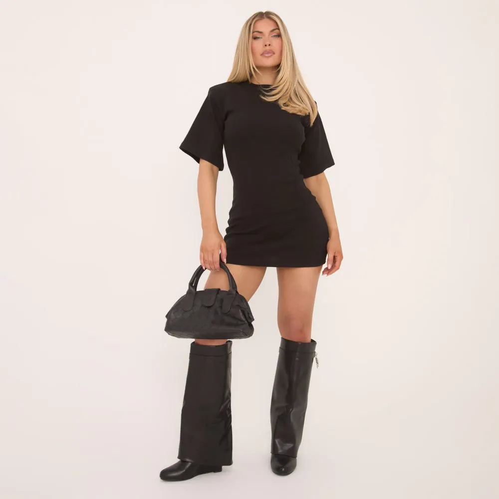 Short Boxy Sleeve Shoulder Pads Seam Detail Sweat Mini Dress In Black