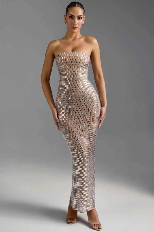 OhPolly - Embellished Bandeau Maxi Dress in Almond