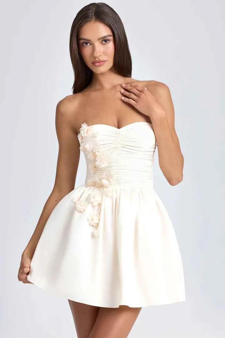 Ohpolly Bandeau Floral-Applique Corset Mini Dress in Ivory