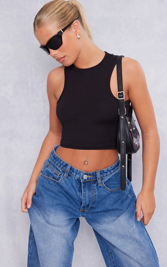 Black Cotton Racer Crop Top