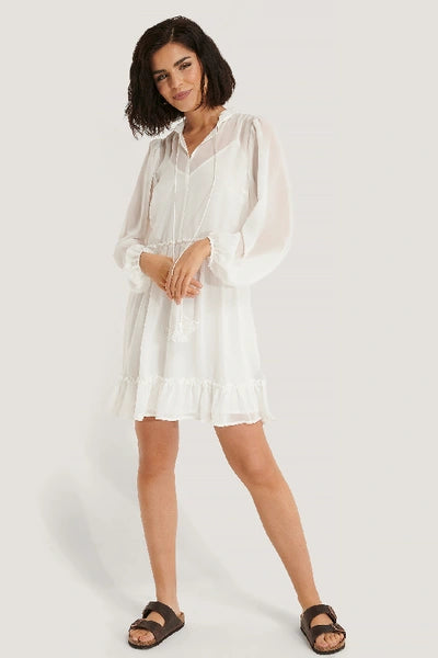 Long Sleeve Flowy Mini Dress White