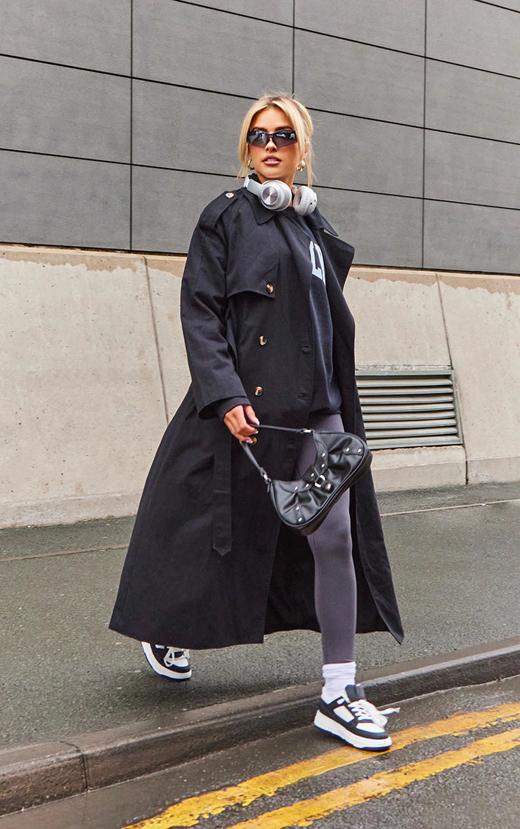 Black Belted Double Breasted Trench Coat