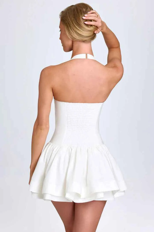 Ohpolly - Ruched Halterneck Mini Dress in White
