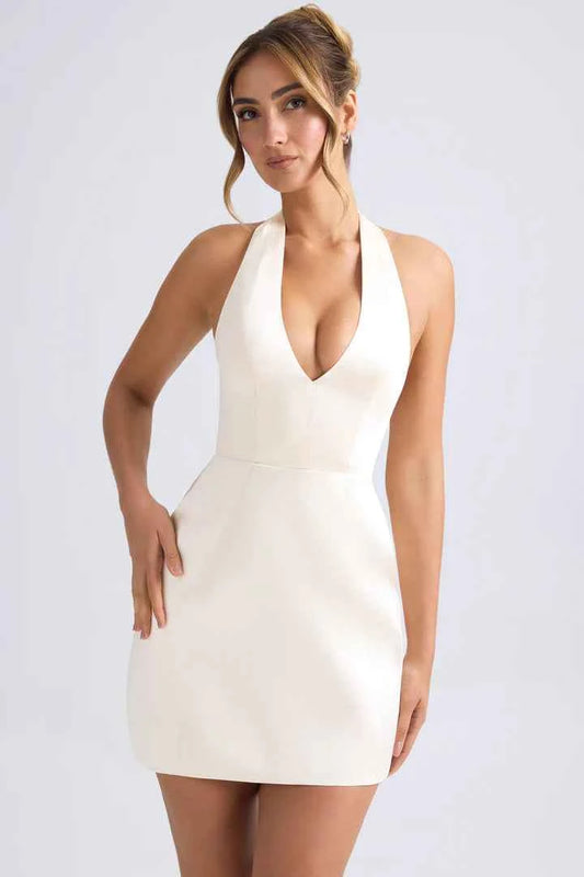 Ohpolly - Halterneck Structured Tulip Mini Dress in Ivory