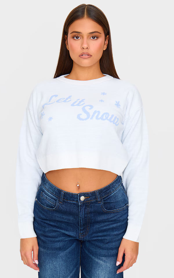 White Let It Snow Cropped Christmas Sweater