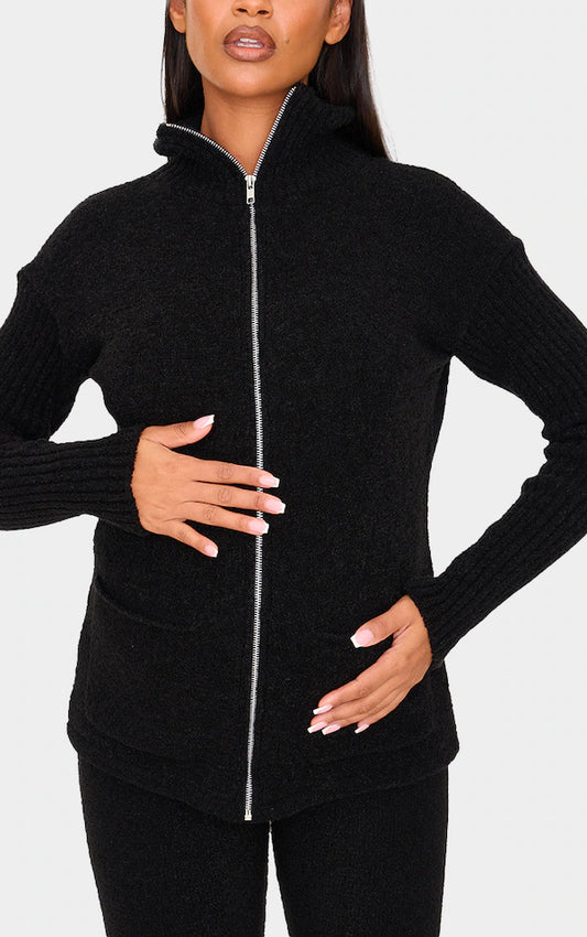Maternity Black Boucle Knit Zip Up Long Sleeve Top