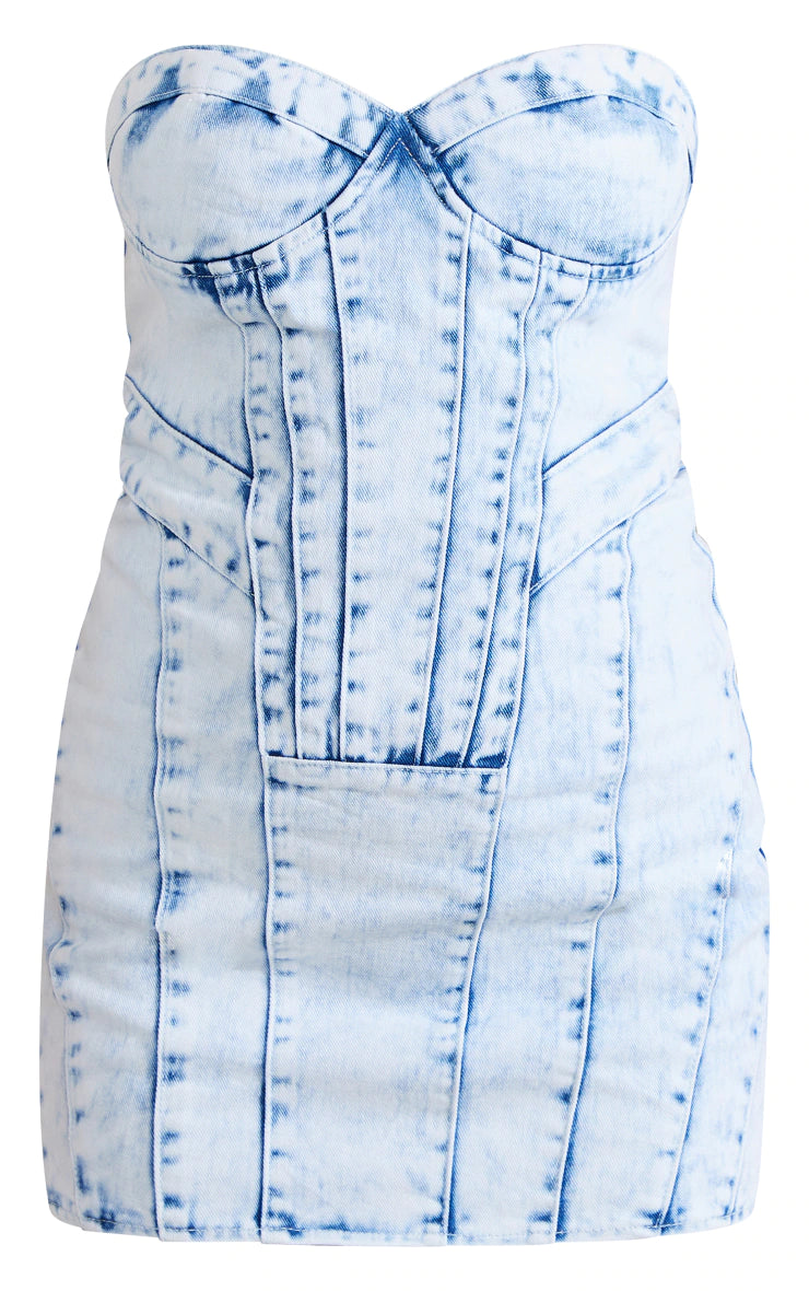 Light Blue Acid Wash Seam Detail Strapless Denim Mini Dress