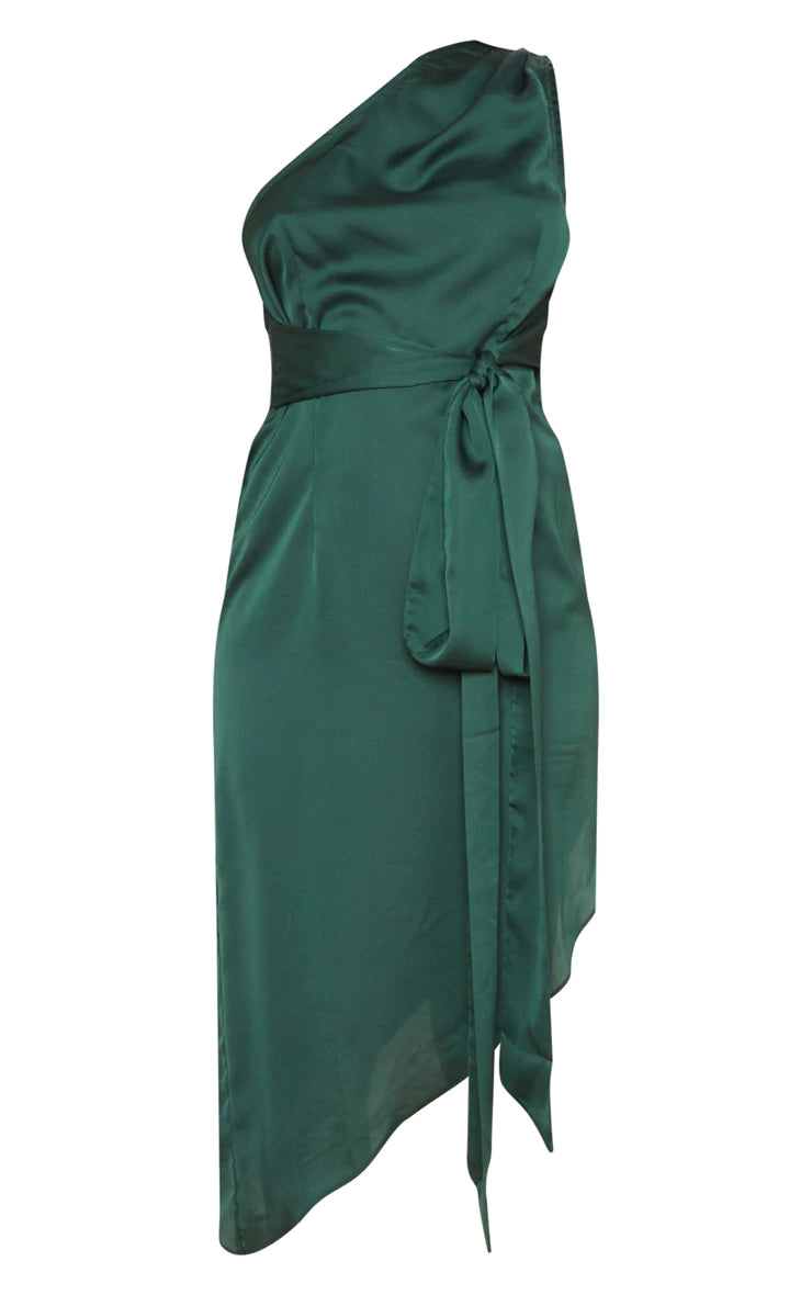 Emerald Green Satin One Shoulder Tie Waist Asymmetric Hem Midi Dress