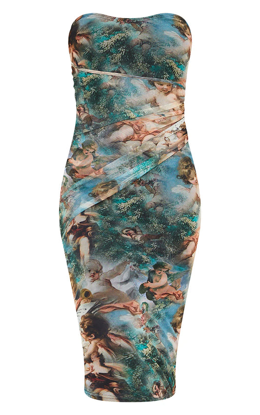 Multi Renaissance Print Mesh Bandeau Drape Midi Dress