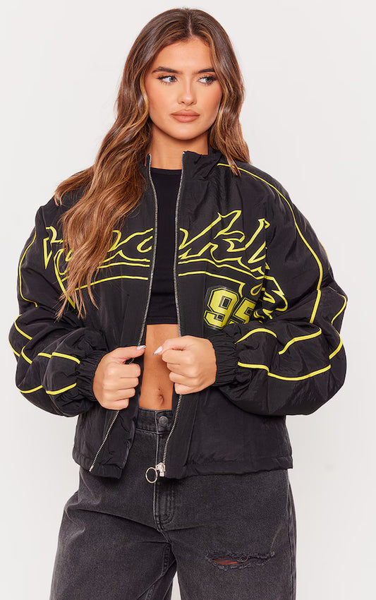Plt - Black Contrast Oversized Slogan Zip Up Racer Bomber
