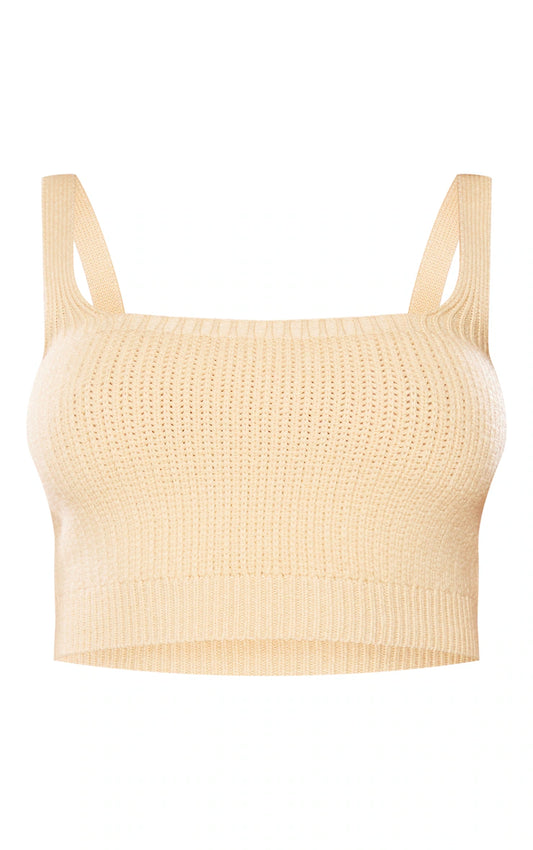 PETITE CAMEL KNITTED SQUARE NECK CROP TOP