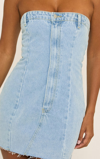 Ego - Bandeau Button Detail Fitted Mini Dress In Blue Denim