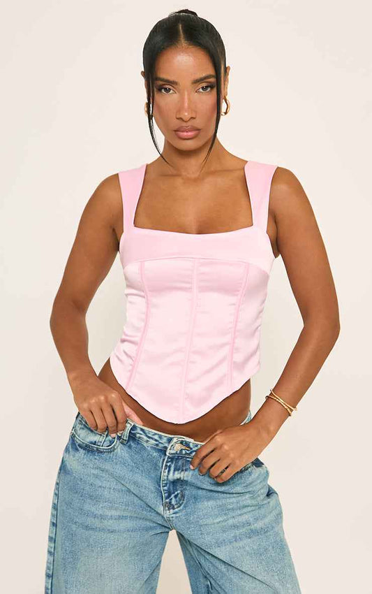 Ego - Square Neck Corset Top In Pink Satin