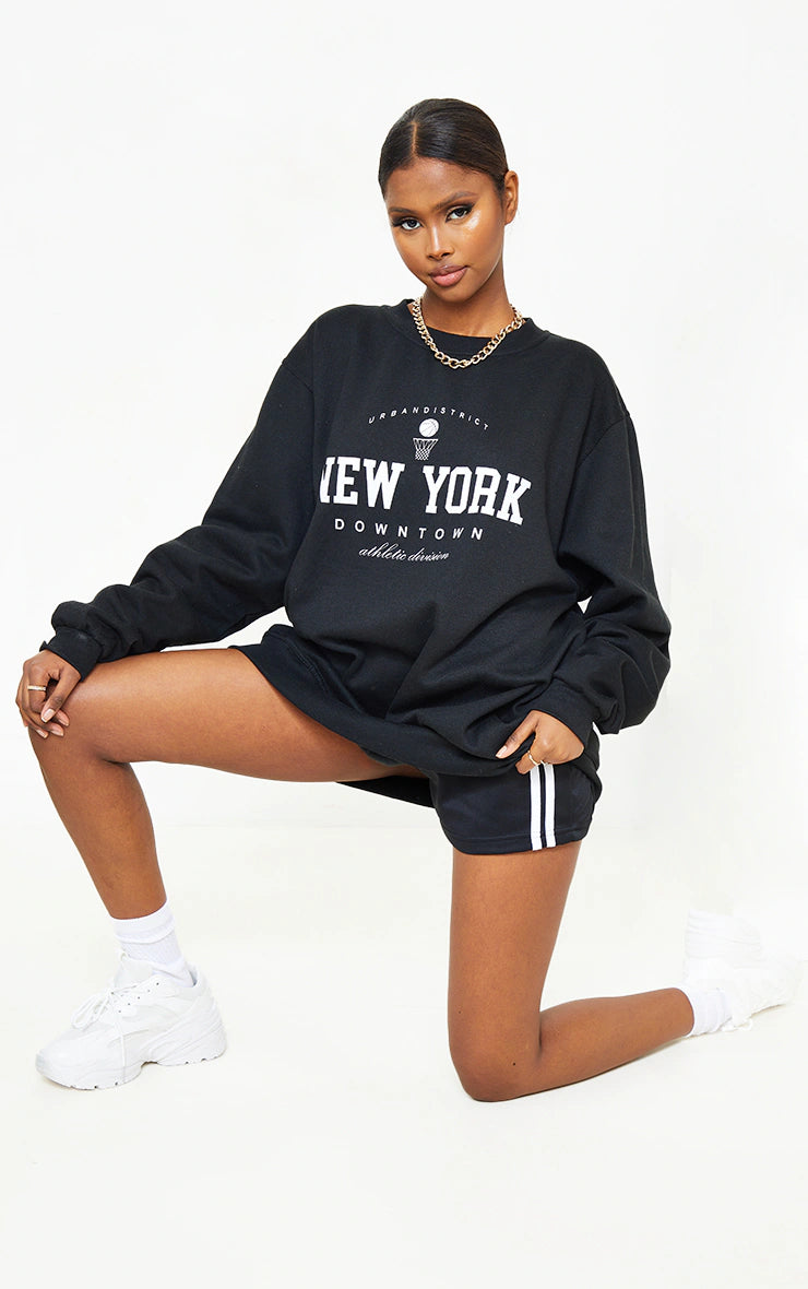 Black New York Downtown Slogan Printed Sweatshirt