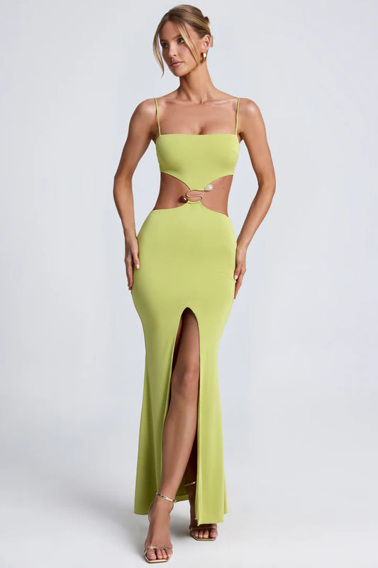 Ohpolly - Hardware Detail Cut-Out Maxi Dress in Olive Green