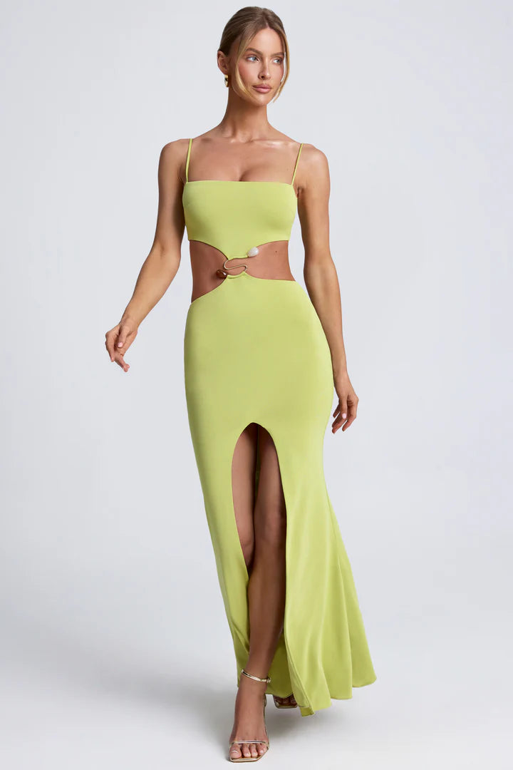 Ohpolly - Hardware Detail Cut-Out Maxi Dress in Olive Green