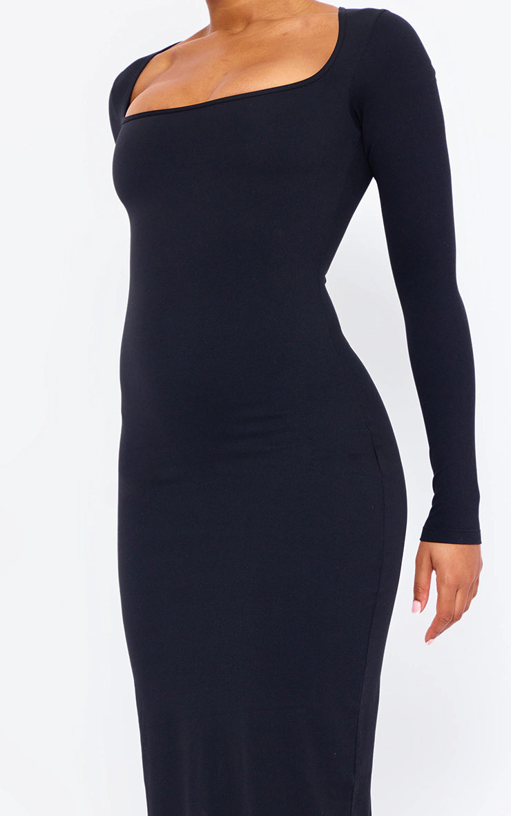 BLACK CONTOUR SCULPT SQUARE NECK MIDAXI DRESS