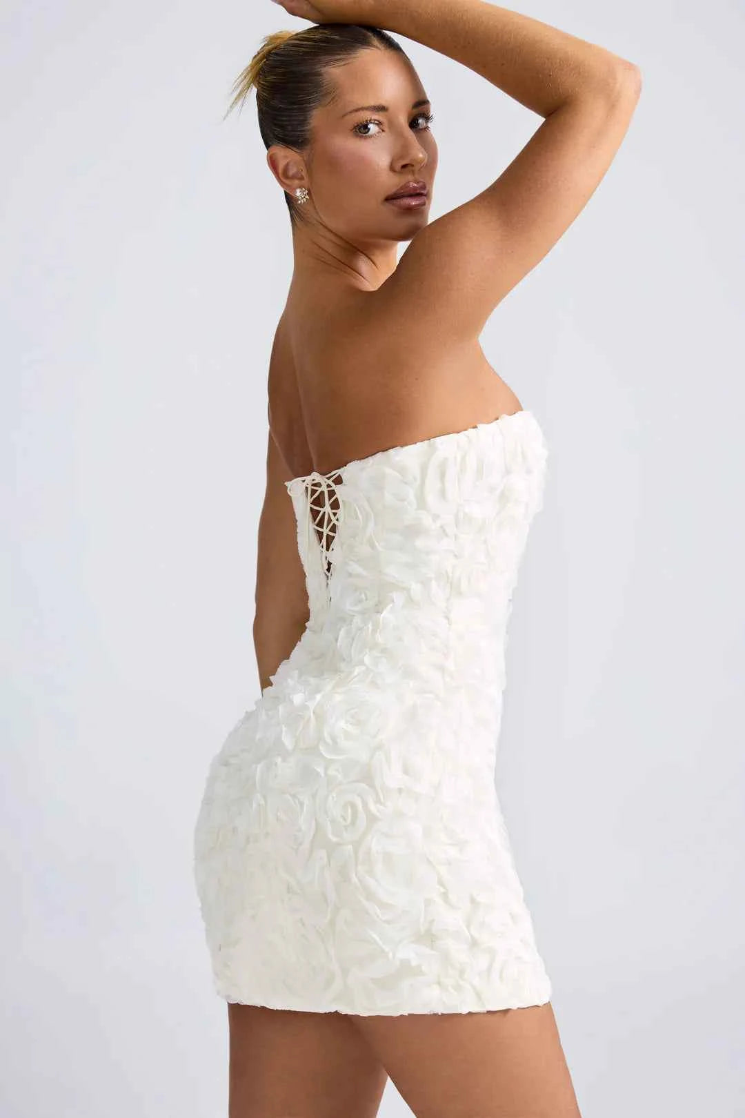 OhPolly-Floral-Appliqué Bandeau A-Line Mini Dress in White