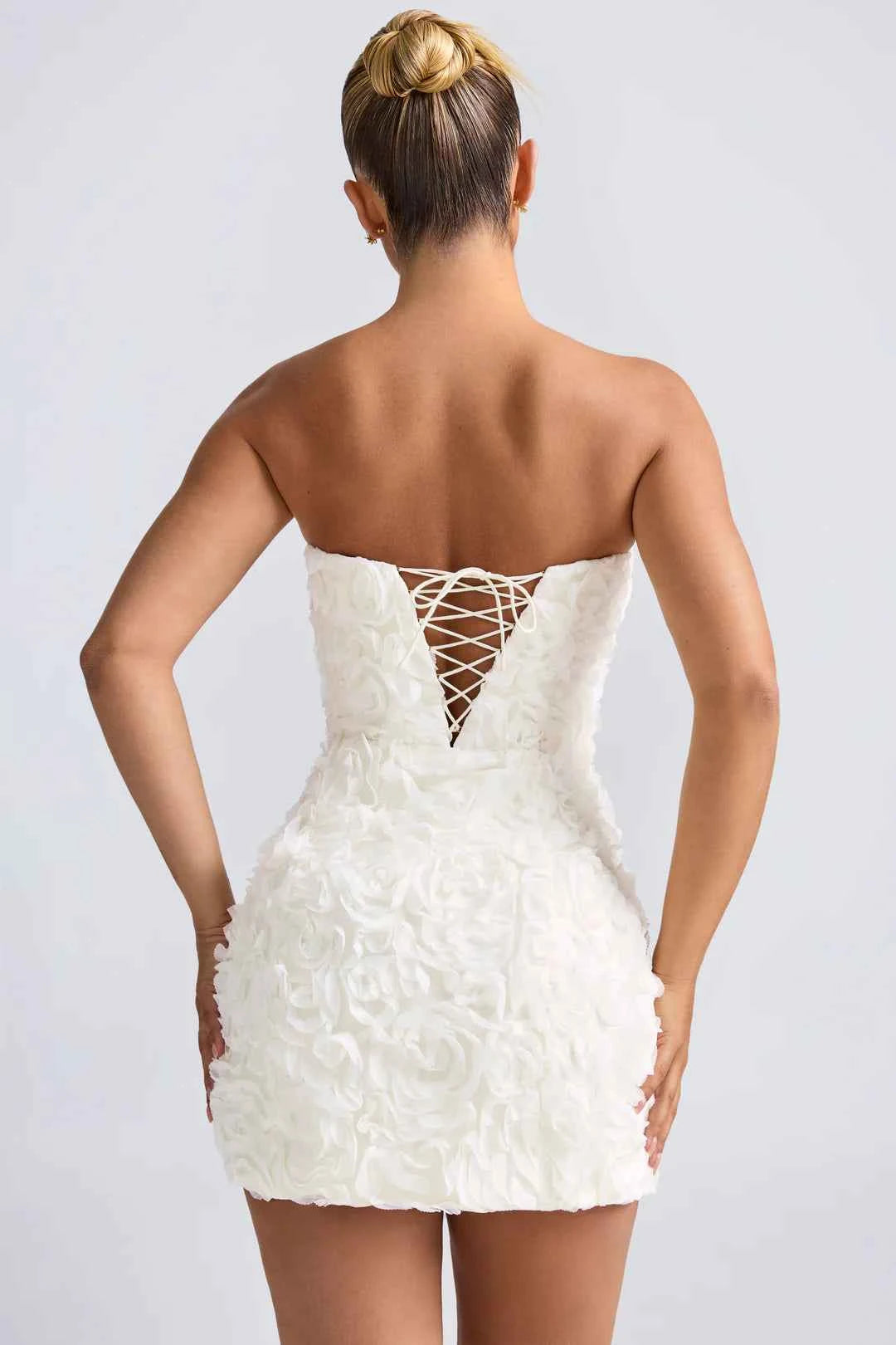 OhPolly-Floral-Appliqué Bandeau A-Line Mini Dress in White