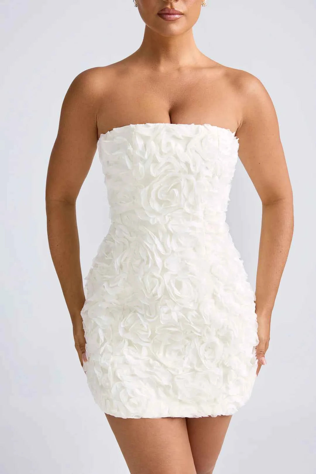 OhPolly-Floral-Appliqué Bandeau A-Line Mini Dress in White